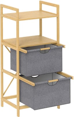 MEUNIQ wasmand 35,4 L met 2 vakken, 2 uitneembare stoffen waszakken, 2 open opbergplanken, bamboe wassorteerder voor badkamer, 44 x 34 x 96 cm, naturel — thumbnail 5
