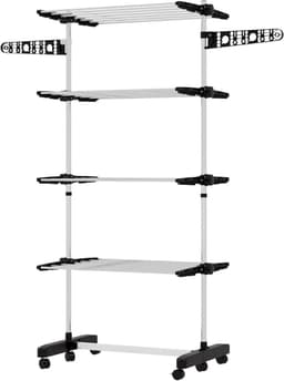 Wastoren met Wielen - Kledingrek Droogrek - Kleding Drogen - Opvouwbare Vleugels - 172 cm Hoog - Zwart — thumbnail 1