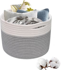 Wasmand van geweven katoen, mand van katoenen touw met handgrepen, stapelbare opbergmand, wasmand voor kleding, speelgoed, wasgoed, woonkamer, slaapkamer (grijs en wit) — thumbnail 1