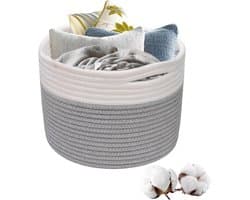 Wasmand van geweven katoen, mand van katoenen touw met handgrepen, stapelbare opbergmand, wasmand voor kleding, speelgoed, wasgoed, woonkamer, slaapkamer (grijs en wit)