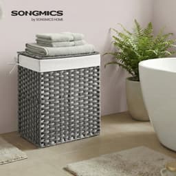 SONGMICS - Wasmand - Smalle Wasmand van Synthetisch Rattan - Met Deksel en Handgrepen - Opvouwbaar met Uitneembare Waszak — thumbnail 4