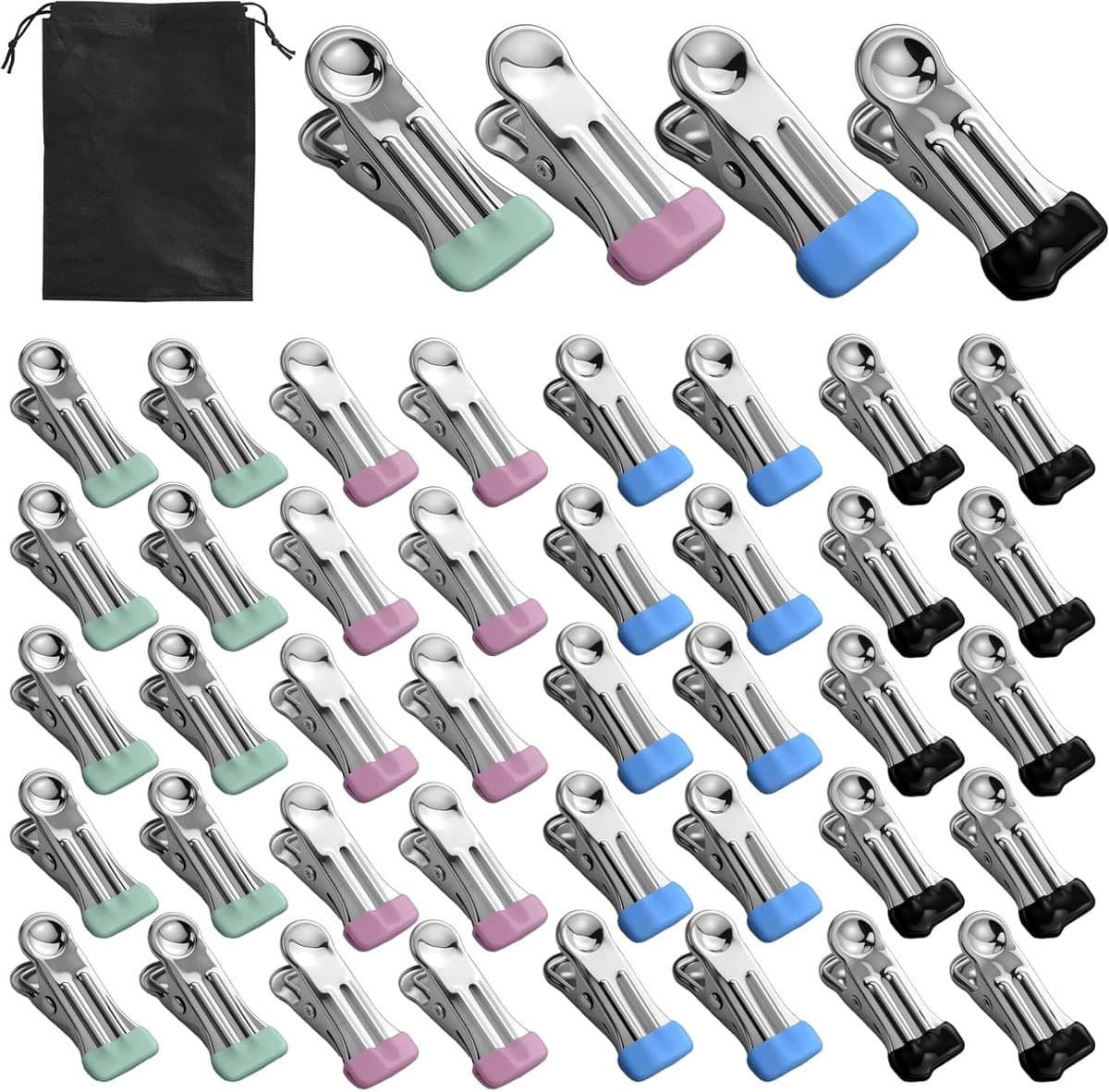 Wasknijpers, roestvrijstalen klemmen, metalen wasknijpers, multifunctionele antislip metalen klemmen, stabiel, voor sokken, handdoek, voedselafdichting (blauw, zwart, groen, roze) — afbeelding 1