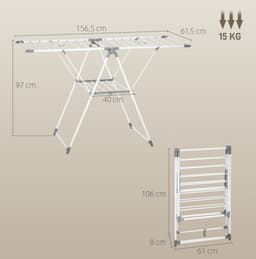 MEUNIQ Droogrek staand opvouwbaar 156,5 x 61,5 x 97 cm met 2 niveaus en verstelbare vleugels, metalen wasrek voor wasruimte of woning, wit — thumbnail 4