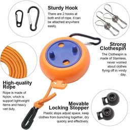 SnelShoppen - Camping Waslijn 8M - Draagbare Inklapbare Waslijn met Clips en Opbergtas - Stevige Nylon Touw voor Camping, Vakantie, Buiten en Binnenge — thumbnail 2