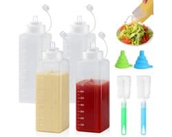 Knijpflessen brede hals, 1000 ml, sausfles met 2 flessenborstels en 2 trechters, doseerfles voor ketchup, warme sauzen, grillen, saladesauzen, olie