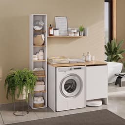 Wasmachinekast - Badkamermeubel Opbouw - Opruimen Badkamer - Ruimte voor Robotstofzuiger - 120 cm breed - Wit Eiken — thumbnail 3