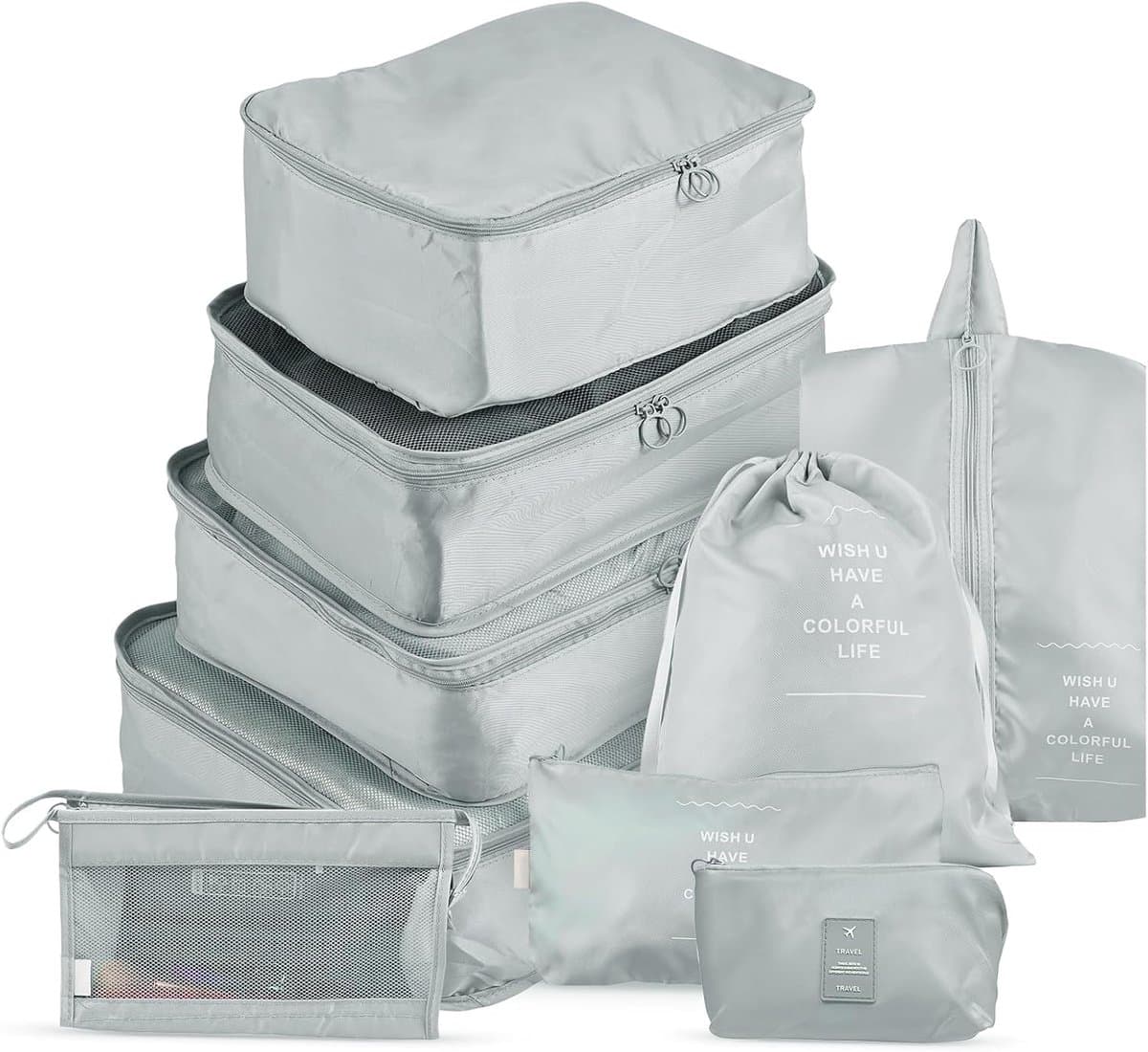 SnelShoppen - Opbergzakken Set 9 Stuks - Reisorganizers, Kledingopbergzakken, Schoenentas, Waszak, Draagbare Nylon Polyester, Blauw Beige Grijs Donker — afbeelding 1