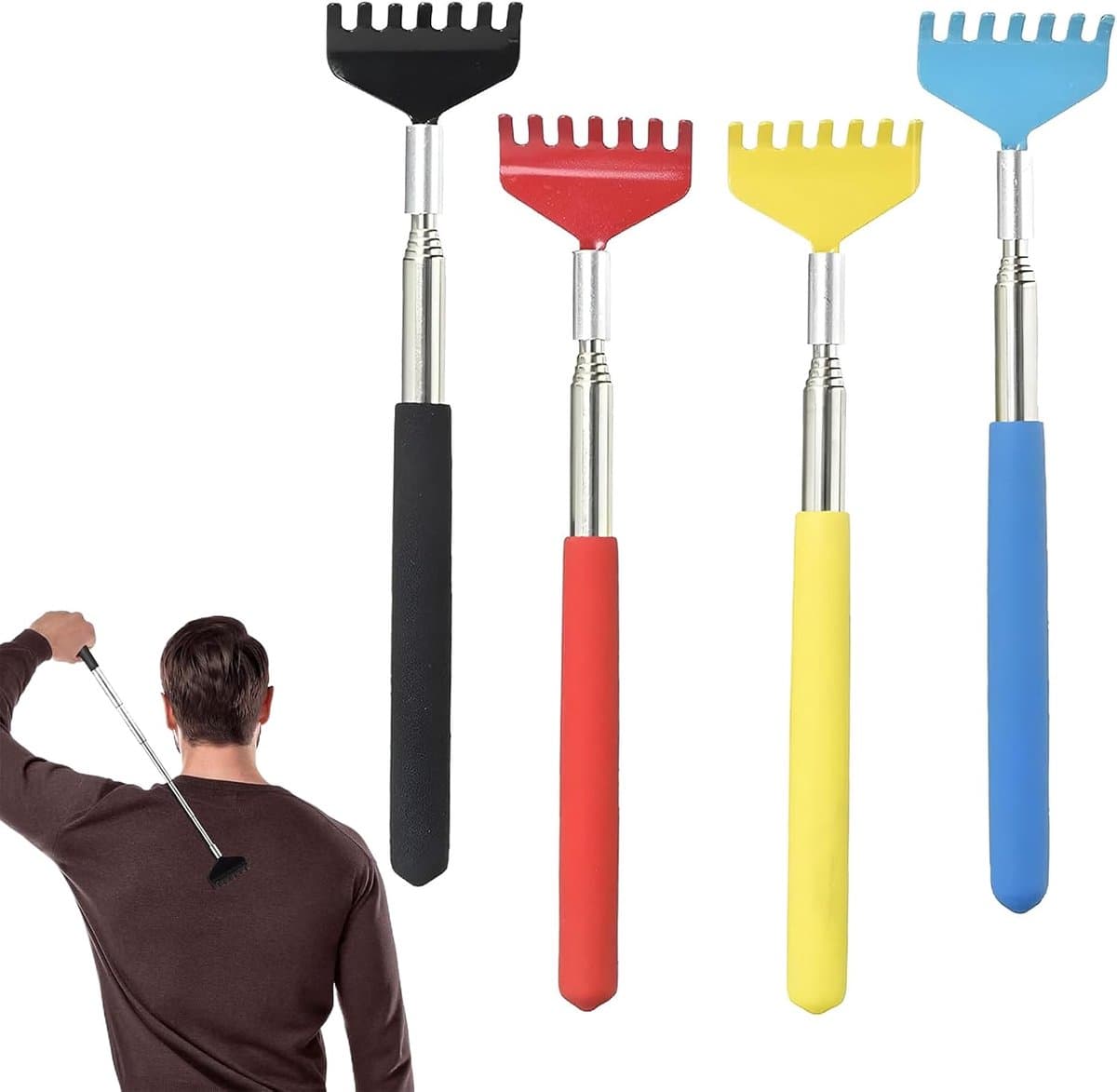 SnelShoppen - Pack van 4 Uittrekbare Rugkrabbers - Uittrekbaar van 20 cm tot 68 cm - Geschikt voor Mensen met Stijve Gewrichten - RVS - Zwart, Blauw, — afbeelding 1