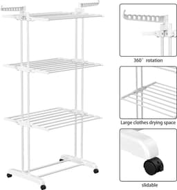 Droogrek Toren - Wasdroger met wielen - Kleding Drogen - 4 Verdiepingen - 50 x 75 x 171 cm - Wit — thumbnail 5