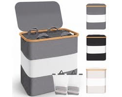 Soontrans - Wasmand 2 Vakken - Wassorteerder met Deksel - 54x34x55cm - Uitneembare Waszakken - Bamboe-lijst - Afneembaar - 102L - Grijs