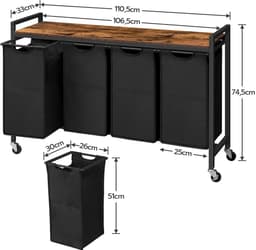 Home & Beyond® Wassorteerder met 4 Vakken en Bovenblad - Wasmand op Wielen met Uitneembare Waszakken - Zwart en Vintage Houtlook - 110,5 x 33 x 74,5 cm — thumbnail 4
