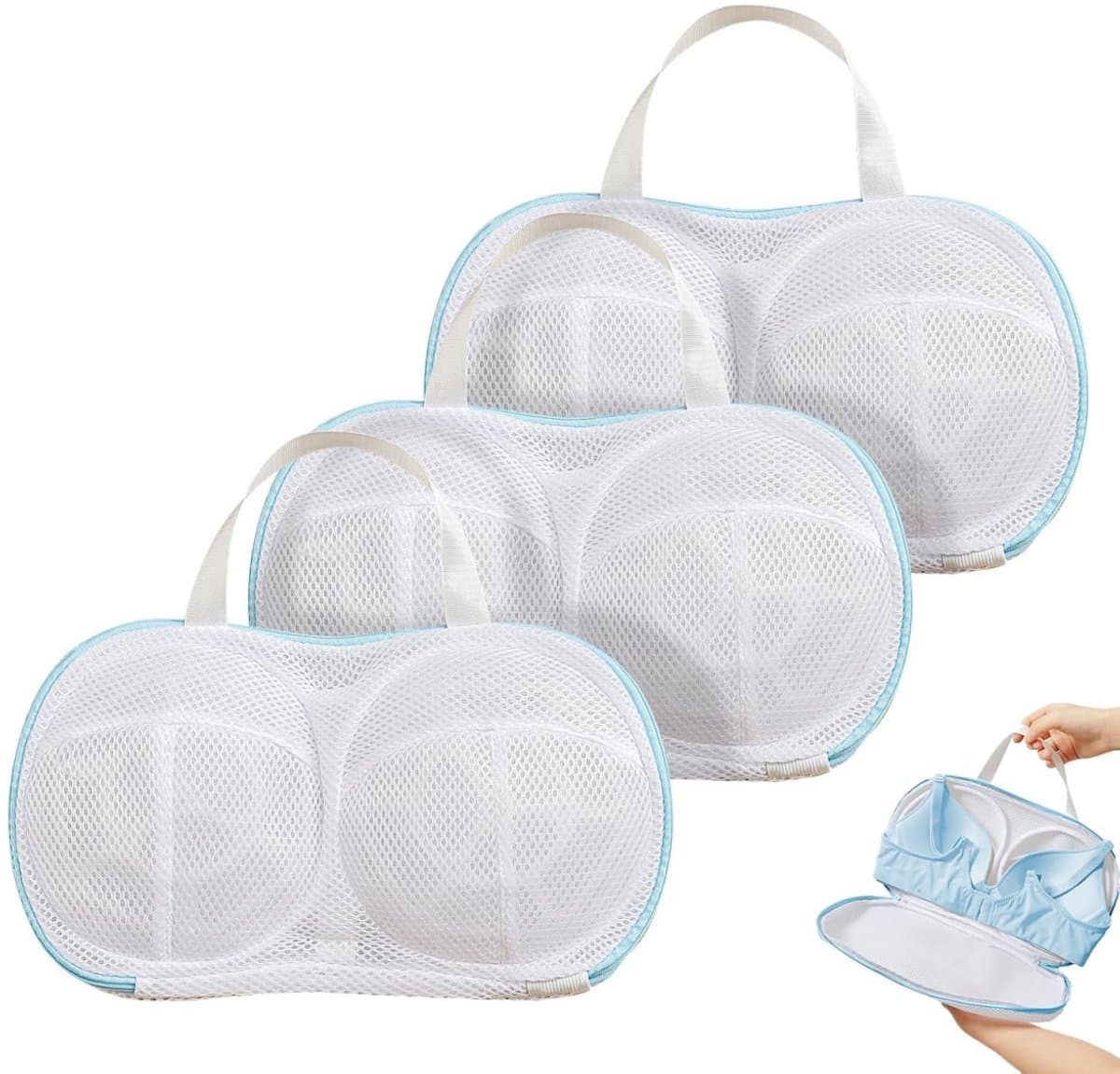 2 stuks - wasmachine beha houder, blauw, beha ring beschermhoes met draagbare handgreep, beha waszak met rits, handig voor wassen, delicate lingerie beha — afbeelding 1