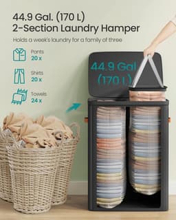 Conway Living® XXL Wasmand met Deksel en 2 Vakken - 170 Liter Sorteerwasmand met Labels - Uitneembare Waszakken - Inklapbaar - 56x40x75 cm - Zwart — thumbnail 4