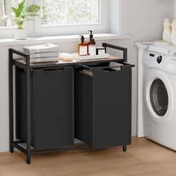 Wasmand met 2 vakken Wasgoed sorteerbak 73 x 33 x 72 cm zwart 2x46L grote capaciteit met verstelbare voetjes uittrekbare en afneembare waszakken en opbergrek Stevig metalen frame Geschikt voor wasruimte badkamer en slaapkamer — thumbnail 3