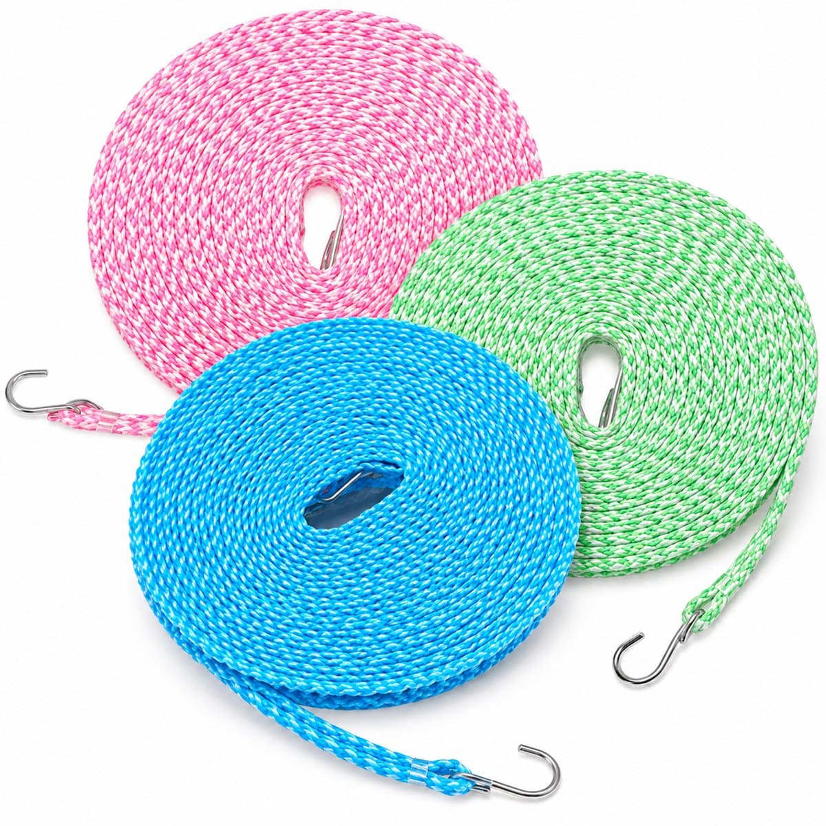 Kaiyaya - 3 Stuks Waslijn - Met Haken Waslijndraad - Draagbaar Windbestendig - Set van 3 Waslijn - Blauw Groen Roze 3 x 10 Meter — afbeelding 1