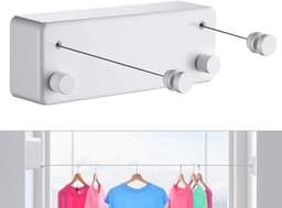 Intrekbare waslijn voor binnen en buiten, zware roestvrijstalen lijn, wandmontage, waslijn voor badkamer, hotelstijl, waslijn 2 x 4,2 m (13,8) voet (twee lijnen, wit) — thumbnail 1