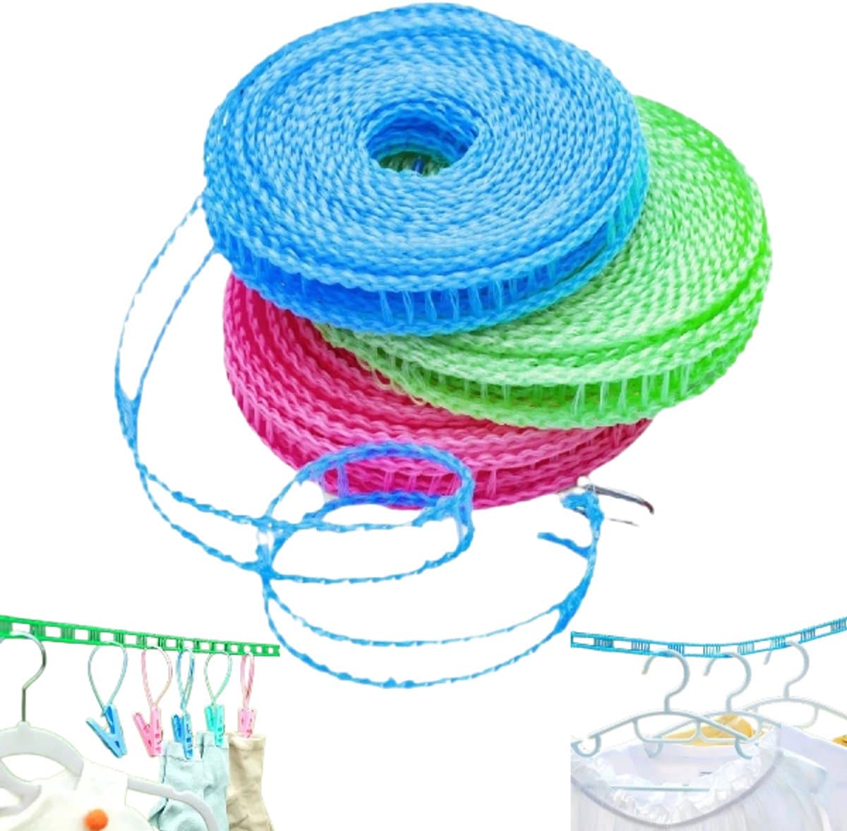 3-delige set - Antislip en winddichte waslijn - Waslijn in hekstijl - Waslijn voor het drogen van dekens - Waslijn voor buiten zonder boren - 8 meter - Roze, lichtgroen, blauw - Uitschuifbaar - Geschikt voor buiten, tuin en camping — afbeelding 1