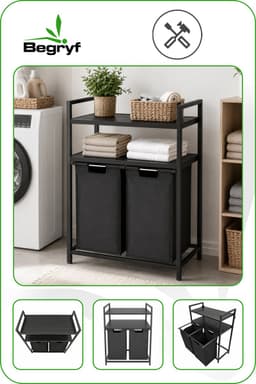 Begryf Wasmand met 2 vakken - metaal - zwart- 2 planken - 73 x 33 x 91 cm - 92l — thumbnail 2