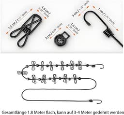 Waslijn Draagbaar - Oprolbaar - Elastisch - 12 Klemmen - Uittrekbaar 180/360 cm - Lichtgewicht en Compact - Reiswaslijn — thumbnail 5