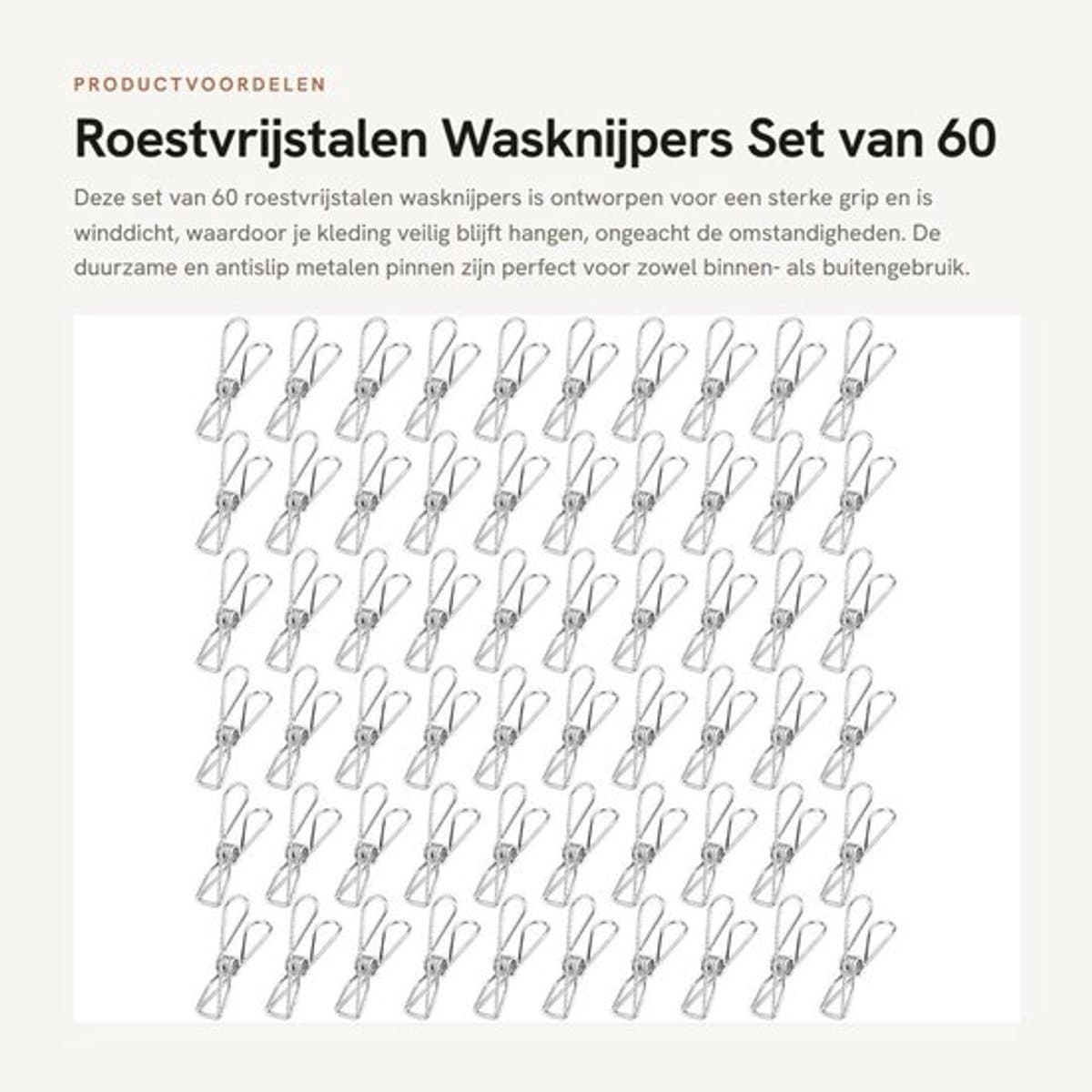 Wasknijpers 60 Stuks - Roestvrij Staal - Duurzaam - Antislip - Winddicht - Voor Binnen/Buiten - Compact en Draagbaar - Waslijnclips — afbeelding 1