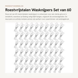 Wasknijpers 60 Stuks - Roestvrij Staal - Duurzaam - Antislip - Winddicht - Voor Binnen/Buiten - Compact en Draagbaar - Waslijnclips — thumbnail 1