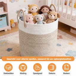 Lemonmax Ronde wasmand opbergmand - Gevlochten speelgoedmand met handvatten 58 L - Voor kinderkamer slaapkamer woonkamer - 38x50 cm - Wit Bruin — thumbnail 3