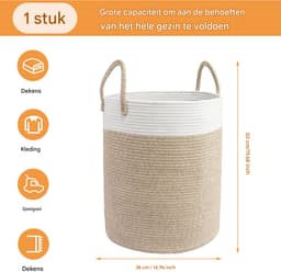 Lemonmax Ronde wasmand opbergmand - Gevlochten speelgoedmand met handvatten 58 L - Voor kinderkamer slaapkamer woonkamer - 38x50 cm - Wit Bruin — thumbnail 2