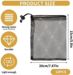 Dailygoods - TIESOME 10 stuks kleine nylon mesh trekkoordtas, zwarte mesh trekkoordtas reiszakken mesh opbergzak mesh trekkoord waszak voor wassen strandspecelgoed schelpen verzamelen golf 20 x 15 cm — thumbnail 4