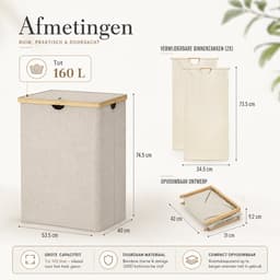 Wasmand met Deksel 160 Liter – Dubbele Wasmand met 2 Vakken – Uitneembare Waszakken – Opvouwbare Wassorteerder met Bamboe Handgrepen – Beige — thumbnail 3