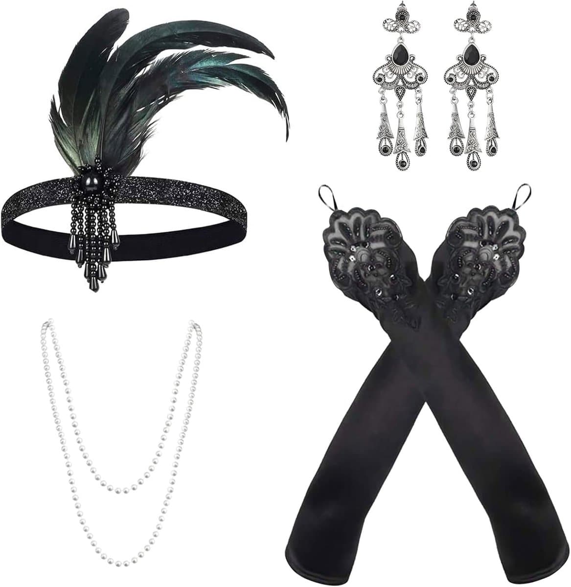 4 stuks 1920 accessoireset, vintage kostuumaccessoires, Gatsby haarband, flapper, hoofdband, parelketting, oorbellen, lange handschoenen, flapperaccessoires, Great Gatsby-accessoires voor — afbeelding 1