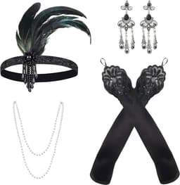 4 stuks 1920 accessoireset, vintage kostuumaccessoires, Gatsby haarband, flapper, hoofdband, parelketting, oorbellen, lange handschoenen, flapperaccessoires, Great Gatsby-accessoires voor — thumbnail 1