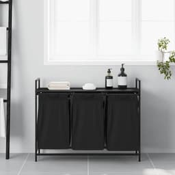 Wasmand – Laundry Basket – Wasbak – Wasbox – Laundry Hamper – 3 Compartiments – Zwart Eikenhout – Stalen Frame – Met Opbergrek — thumbnail 4