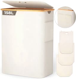 Wasmand - 158L - Wasmand 3 Vakken - Wasmand met Deksel - Beige - 57cm x 37cm x 75cm — thumbnail 1