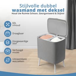 LifeLux Dubbele wasmand op poten - Wasmand met Deksel 60L – 2 Vakken uitneembaar Waszakken – Verhoogde Wasmand – Grijs — thumbnail 4