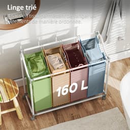 Verrijdbare wasmand, waskar, wasmand op wieltjes met 4 uitneembare zakken, 4 x 40 l, 97 x 38 x 81 cm, grijs — thumbnail 3
