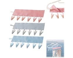3 Stuks - Wasknijpers - Waslijndraad - Waslijn met 6 Knijpers - Ruimtebesparende Kledinghanger met 6 Clips – 34cm - Roze + Grijs + Blauw - Reis Waslijn voor Sokken, Ondergoed en Kleine Kleding – Binnen & Buiten