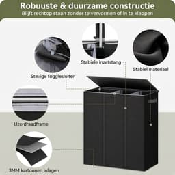 VALI® Wasmand - 3 Vakken met Deksel - Groot XXXL - Zwart - 64cm x 36cm x 70cm — thumbnail 2