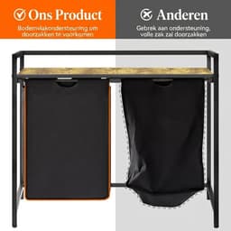 VALI® Wasmand -Plank en Dubbele Uittrek - Uitneembare Zakken - Zwart - 92cm x 36cm x 8cm — thumbnail 3