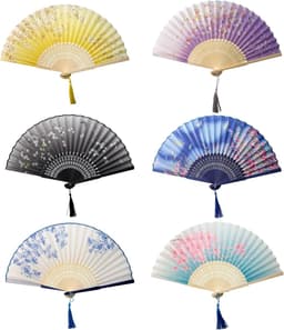 6 stuks bamboe handwaaiers, bruiloftswaaiers, opvouwbare dameswaaiers met kwastjes en zakjes, Chinese waaiers, gastgeschenk voor wanddecoratie, bruiloft, zomerfeest — thumbnail 1