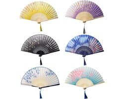 6 stuks bamboe handwaaiers, bruiloftswaaiers, opvouwbare dameswaaiers met kwastjes en zakjes, Chinese waaiers, gastgeschenk voor wanddecoratie, bruiloft, zomerfeest