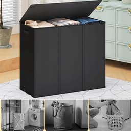 Wasmand - Wassorteerder - Wasgoedorganizer - Opvouwbare 3-Vaks Wasmand 195L - Uitneembare Binnenzakken & Deksel - 83 × 74 × 32 cm - Compact Opvouwbaar - Voor Slaapkamer, Badkamer & Studentenkamer — thumbnail 2