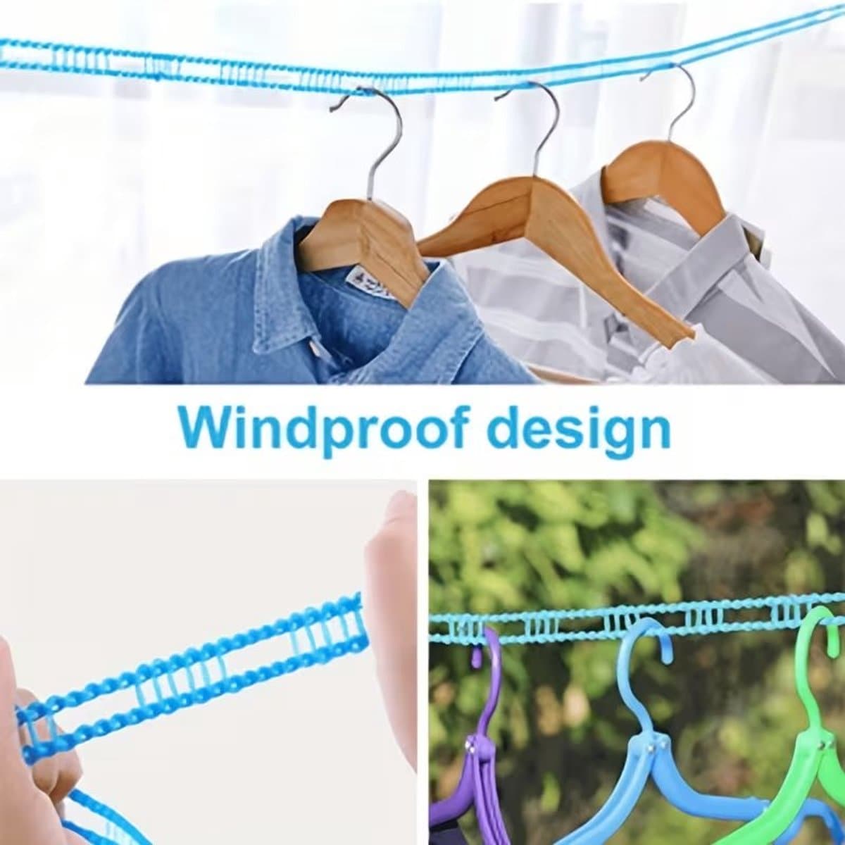 Fyfanie - Windbestendige Waslijn -Blauw - 5 meter - Antislip waslijn voor buiten en binnen - tegen wegwaaien kledinghangers — afbeelding 1