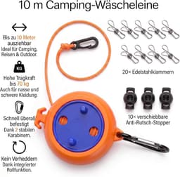 Waslijn, 10 m, uittrekbaar, reiswaslijn met 20 roestvrijstalen wasknijpers en 10 stoppers, winddicht, outdoor waslijn voor camping, camper, caravan, balkon en vakantie, oranje — thumbnail 5