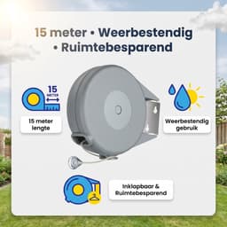 Ryoudavell - Intrekbare Waslijn - 15 Meter Lengte Buitenwaslijn Droogrek - Kleding Drogen - Weerbestendig Staaldraad - Lichtgrijs（Inclusief een houten klem） — thumbnail 3