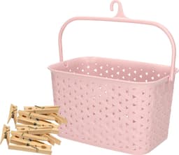 Wasknijpers mandje met ophanghaak - roze - gevuld met 96x houten wasknijpers van 7 cm - was ophangen — thumbnail 1