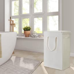 Slimme wasmand met deksel, 58 L, hoge smalle wasmand, ademend, inklapbaar, hoge smalle waszak, grote opbergmand, afvalbak voor wasgoed, slaapkamer, beige. — thumbnail 3