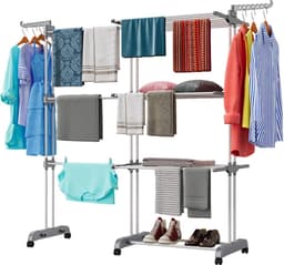 Droogrektoren 3 niveaus met 6 opklapbare vleugels Droogrek uitschuifbaar in lengte 66-130 cm Opvouwbaar wasrek voor grote gezinnen binnen en buiten — thumbnail 1