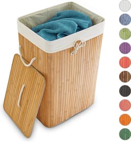 wasmand bamboe - 83 l - met deksel - opvouwbaar - groot — thumbnail 1