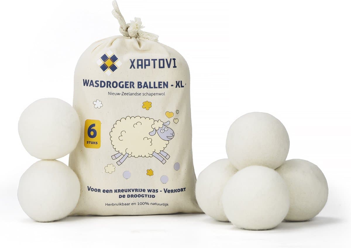 Xaptovi 6 stuks Drogerballen - Droger ballen - Drogerballen voor Wasdrogers - Droogballen - met opbergzakje - Wasdrogerbollen - Energiebesparend - Duurzaam Cadeau - Wasballen - Herbruikbaar - 100% Nieuw Zeelandse Schapenwol — afbeelding 1