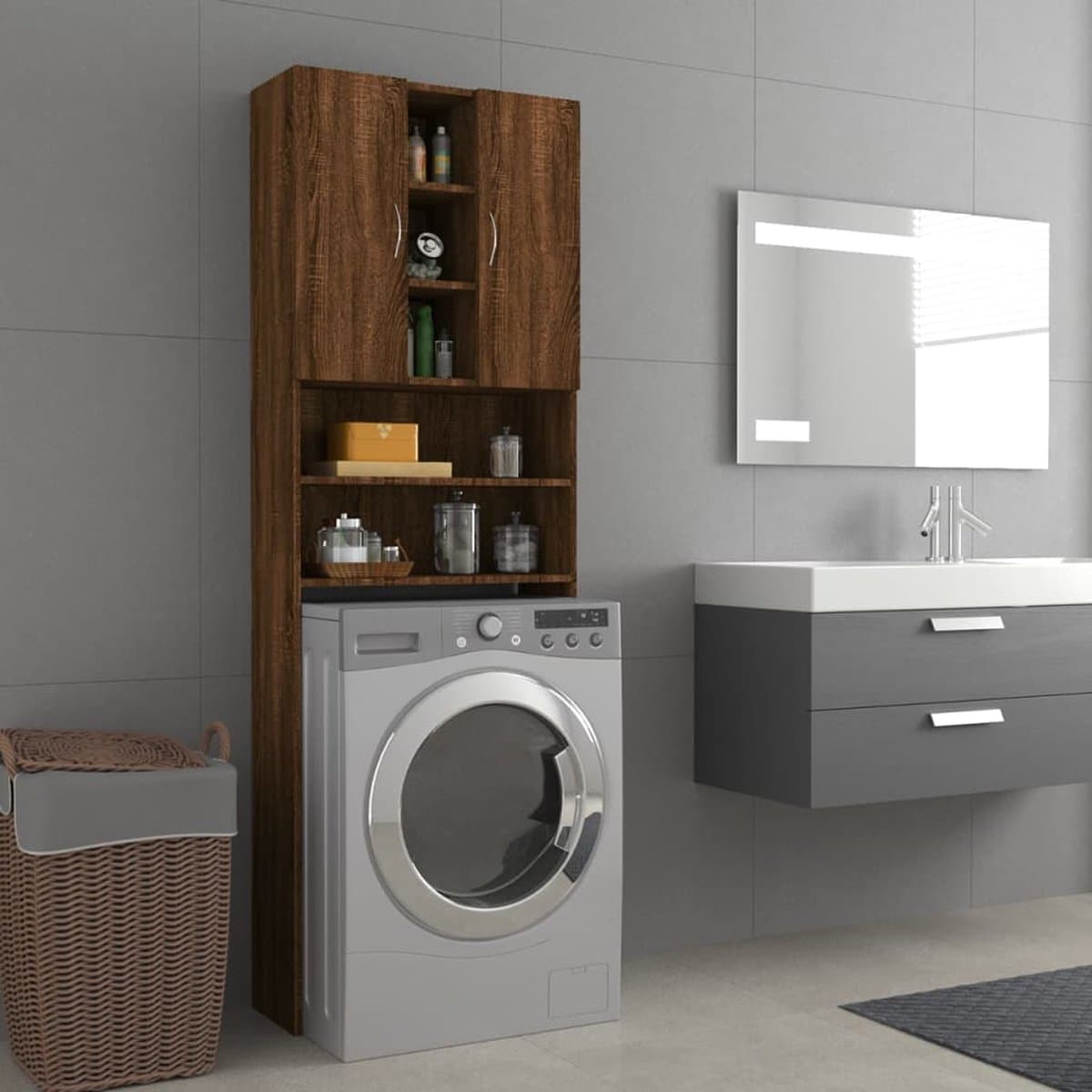 Wasmachine ombouw - Kast - Opbouwmeubel - Verhoger - Wasmachine meubel - Opbergkast - Hout - 64x25,5x190 cm - Bruin Eiken — afbeelding 1